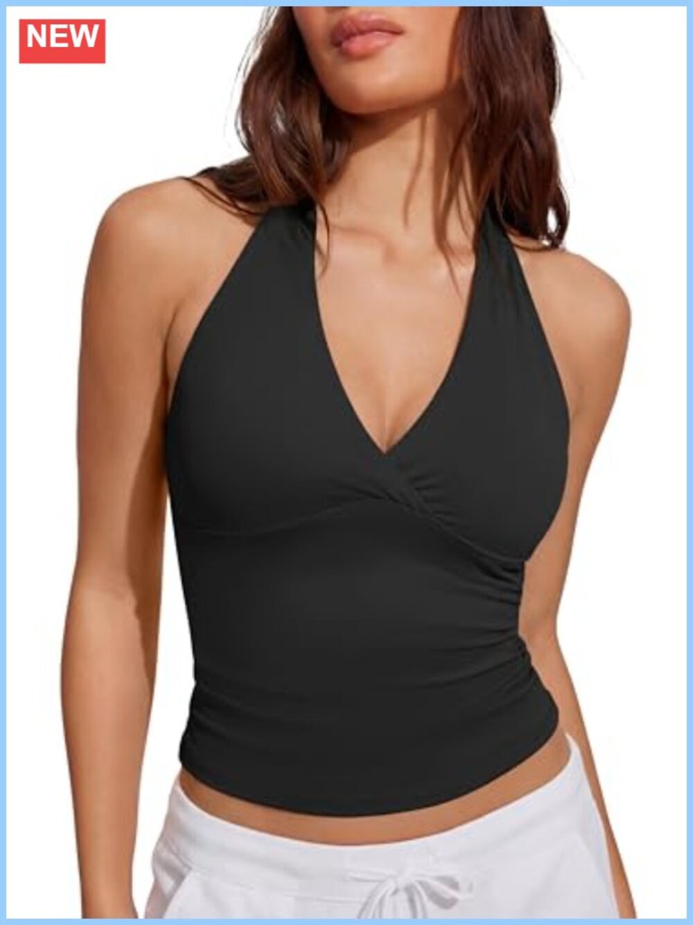 Women Halter Backless Tank Top Built in Bra Double Lined V Neck Going Out